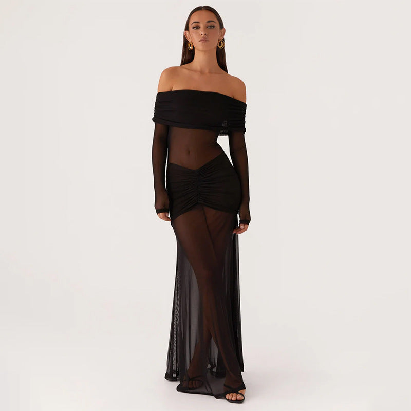 Damen durchsichtiges Maxikleid mit schulterfreiem Design und Rüschungen R&B