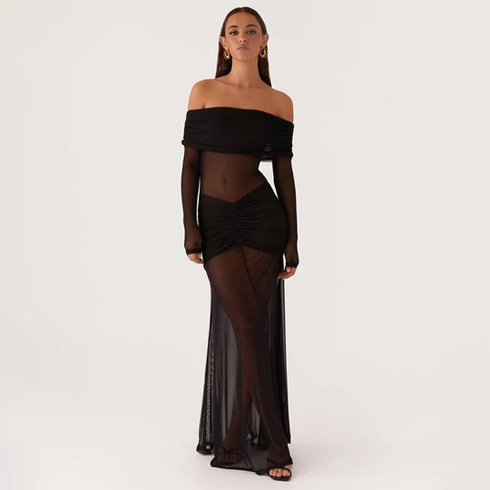 Damen durchsichtiges Maxikleid mit schulterfreiem Design und Rüschungen R&B