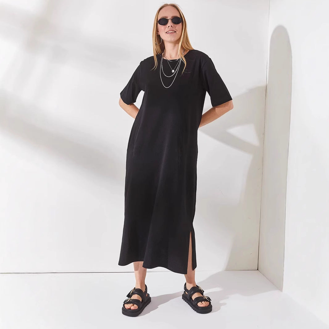 Damen schlichtes langärmliges Kleid mit seitlichen Schlitzen und komfortablem Schnitt R&B
