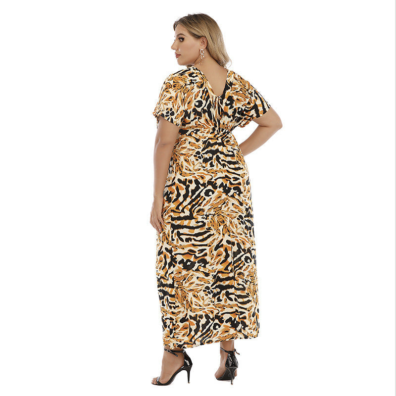 Damen Maxikleid mit kreativem Animalprint und V-Ausschnitt R&B