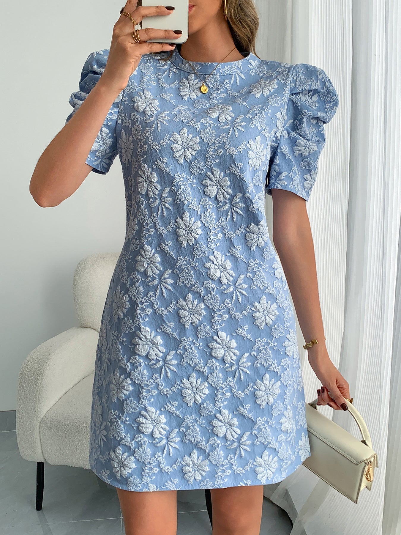 Damen elegantes Hochzeitskleid mit Puffärmeln und floralem Stickmuster R&B