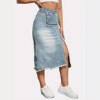 Damen Denim-Midi-Rock mit asymmetrischem Schnitt und fransigem Saum R&B