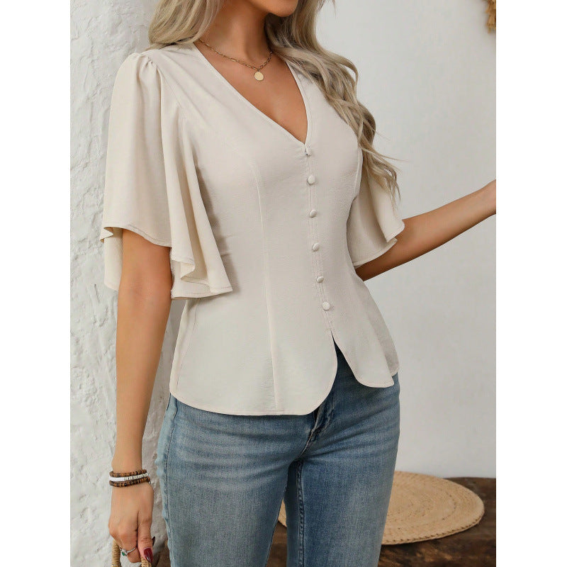 Damen Bluse mit fließenden Ärmeln und V-Ausschnitt R&B
