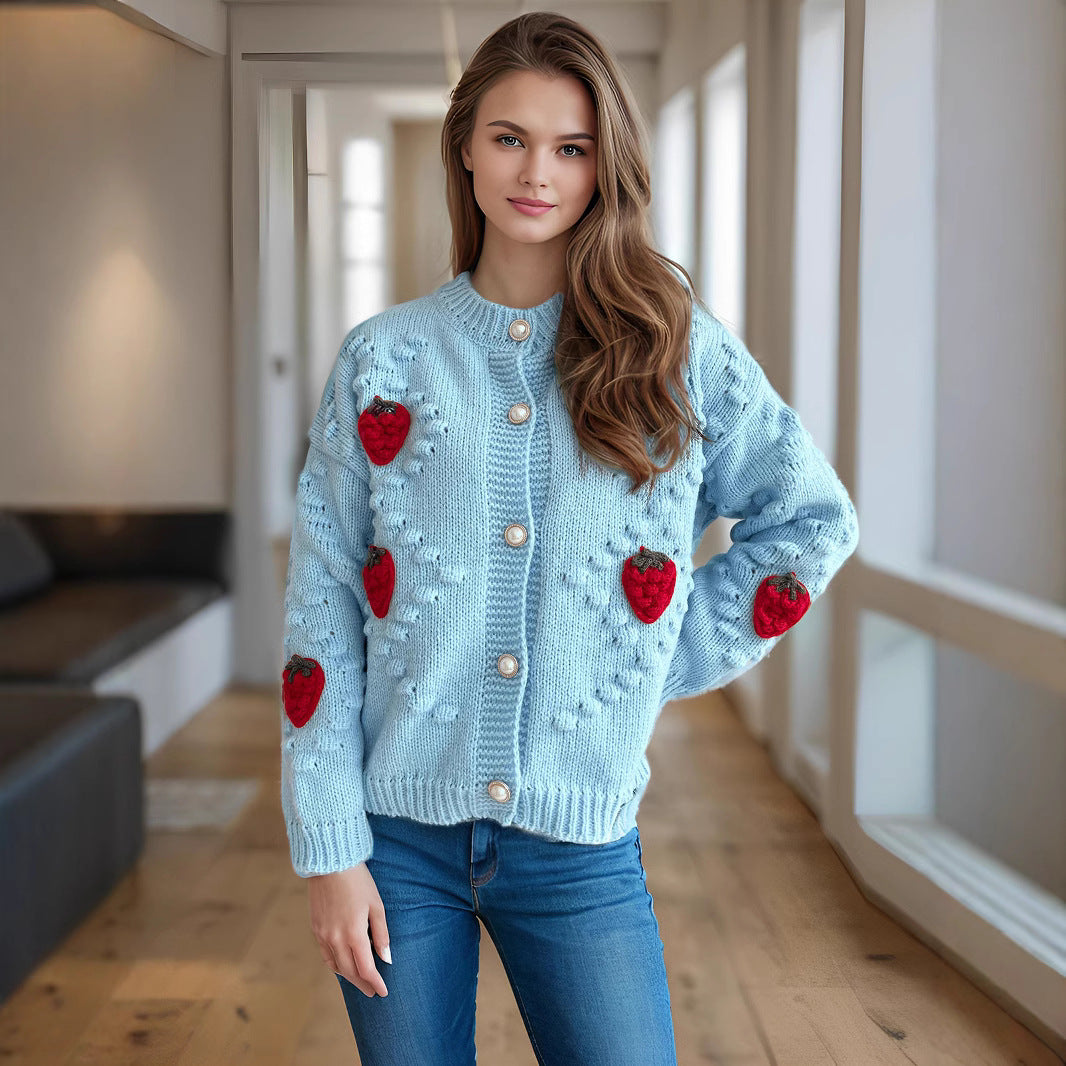 Damen Strickjacke mit verspieltem Erdbeermotiv und Knopfdetails R&B