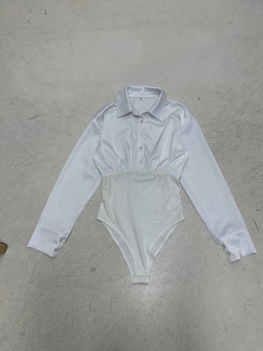 Damen eleganter Bodysuit mit feinem Kragen und Knopfdetails R&B