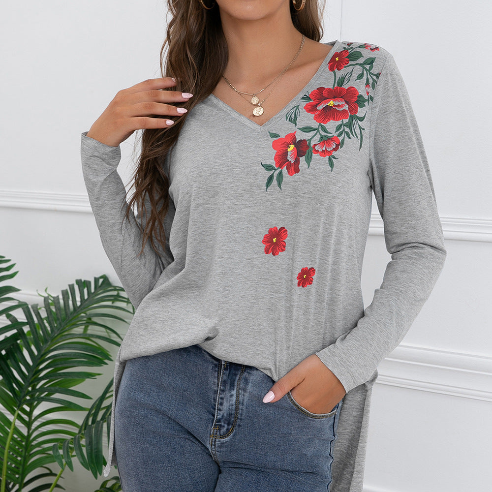 Damen Langarm-T-Shirt mit floralem Print und V-Ausschnitt R&B