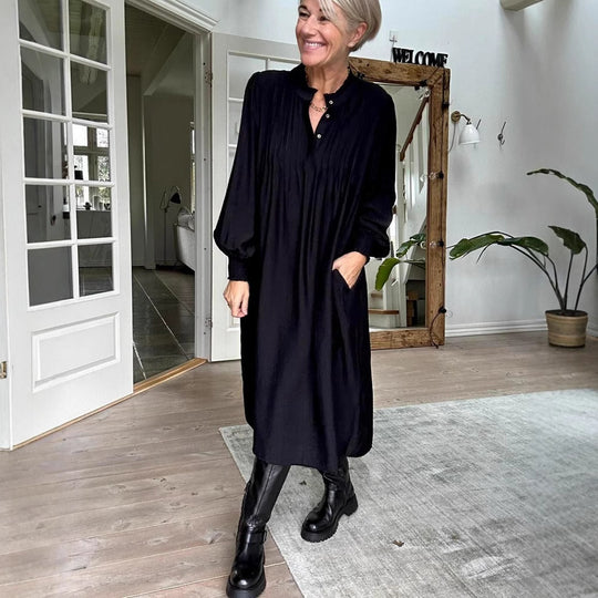 Damen Midikleid mit eleganter Faltenstruktur und praktischen Taschen Heidi-Mode