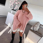 Damen grob gestrickter Oversize-Pullover mit V-Ausschnitt und lässigem Schnitt R&B