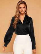 R&B | V-Ausschnitt Langarm Satin Bluse