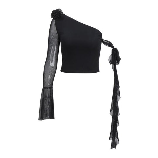 Damen Off-Shoulder Oberteil mit transparenten Ärmeln und dekorativen Akzenten R&B