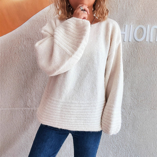 Damen kuscheliger Strickpullover mit weitem Schnitt und modischen Baumelärmeln R&B