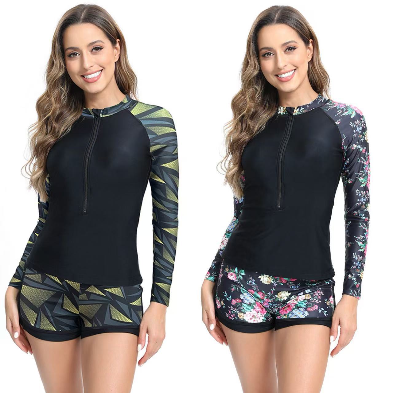Damen Sportlicher Langarm Surfanzug mit Reißverschluss und Shorts R&B