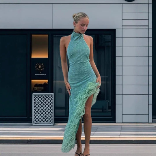 Damen Festliches Pailletten Abendkleid mit asymmetrischem Saum und Federdetails R&B