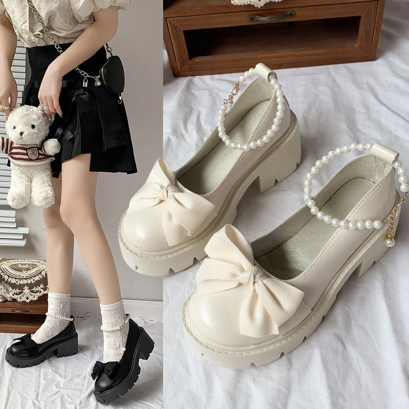 Damen elegante Plateau-Sandalen mit verspieltem Schleifen-Design und perlenbesetztem Riemen R&B