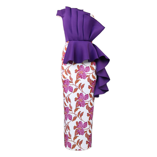 Damen elegantes Kleid mit asymmetrischem Rüschendesign und floralen Mustern R&B