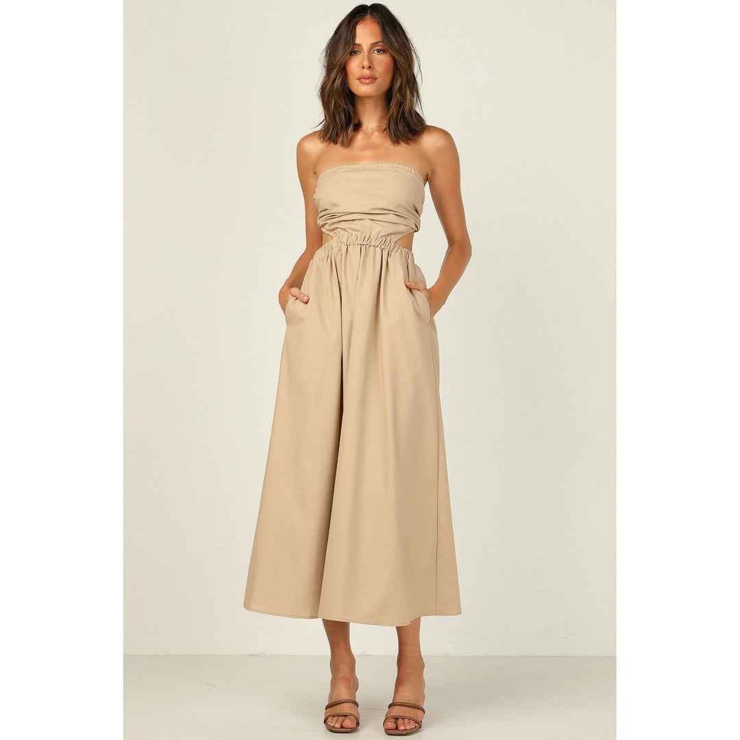 Damen Strapless Maxikleid mit seitlichem Cut-Out und praktischem Taschen-Design R&B