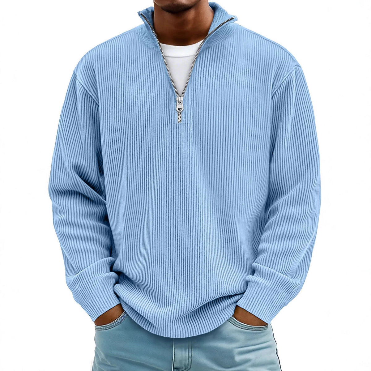 Herren nan gerippter Strickpullover mit halbem Reißverschluss und Stehkragen R&B