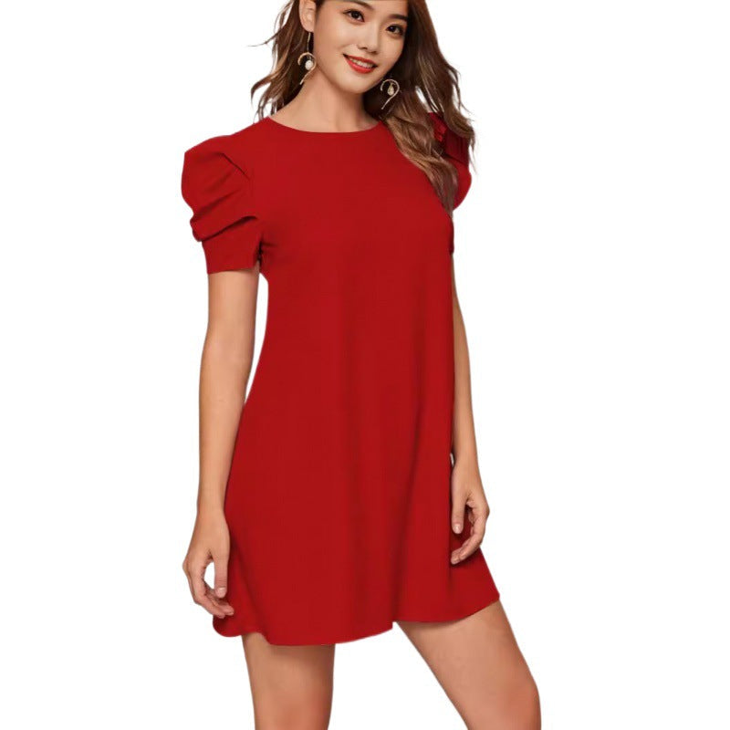 Damen lässiges Kurzarmkleid mit voluminösen Puffärmeln und lockerem Schnitt R&B