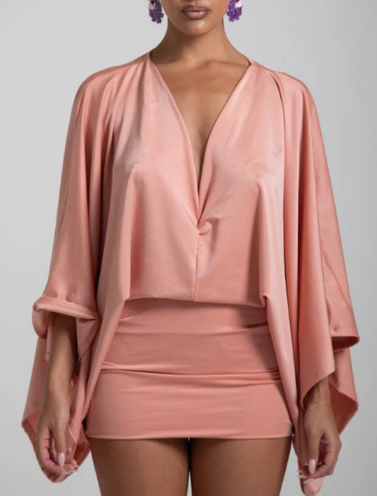 Damen nan Cape-Minikleid mit tiefem V-Ausschnitt, Fledermausärmeln und tailliertem Minirock R&B
