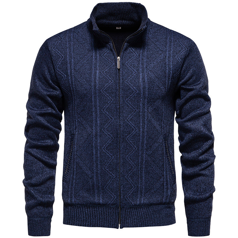 Herren Strickjacke mit Zopfmuster und hohem Stehkragen R&B