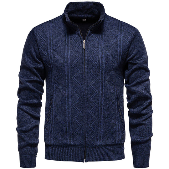 Herren Strickjacke mit Zopfmuster und hohem Stehkragen R&B