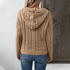 Damen Strickpulli mit Kapuze und Zopfmuster