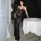 Damen Elegantes Spitzen-Maxi-Kleid mit Spaghetti-Trägern und transparenter Optik R&B