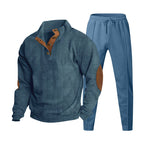 Herren nan gerippter Henley-Freizeitanzug mit dekorativer Knopfleiste und Wildleder-Ellenbogenpatch konisch geschnittene Jogginghose R&B