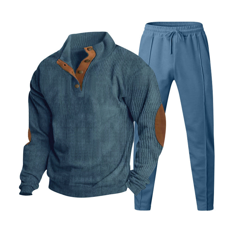 Herren nan gerippter Henley-Freizeitanzug mit dekorativer Knopfleiste und Wildleder-Ellenbogenpatch konisch geschnittene Jogginghose R&B