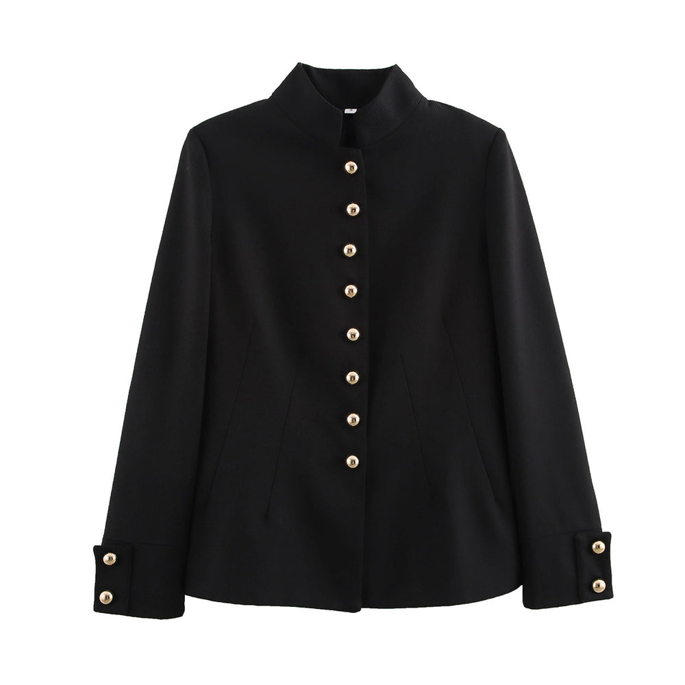 Damen elegante Steppjacke mit hochgeschlossenem Kragen und goldenen Knöpfen R&B