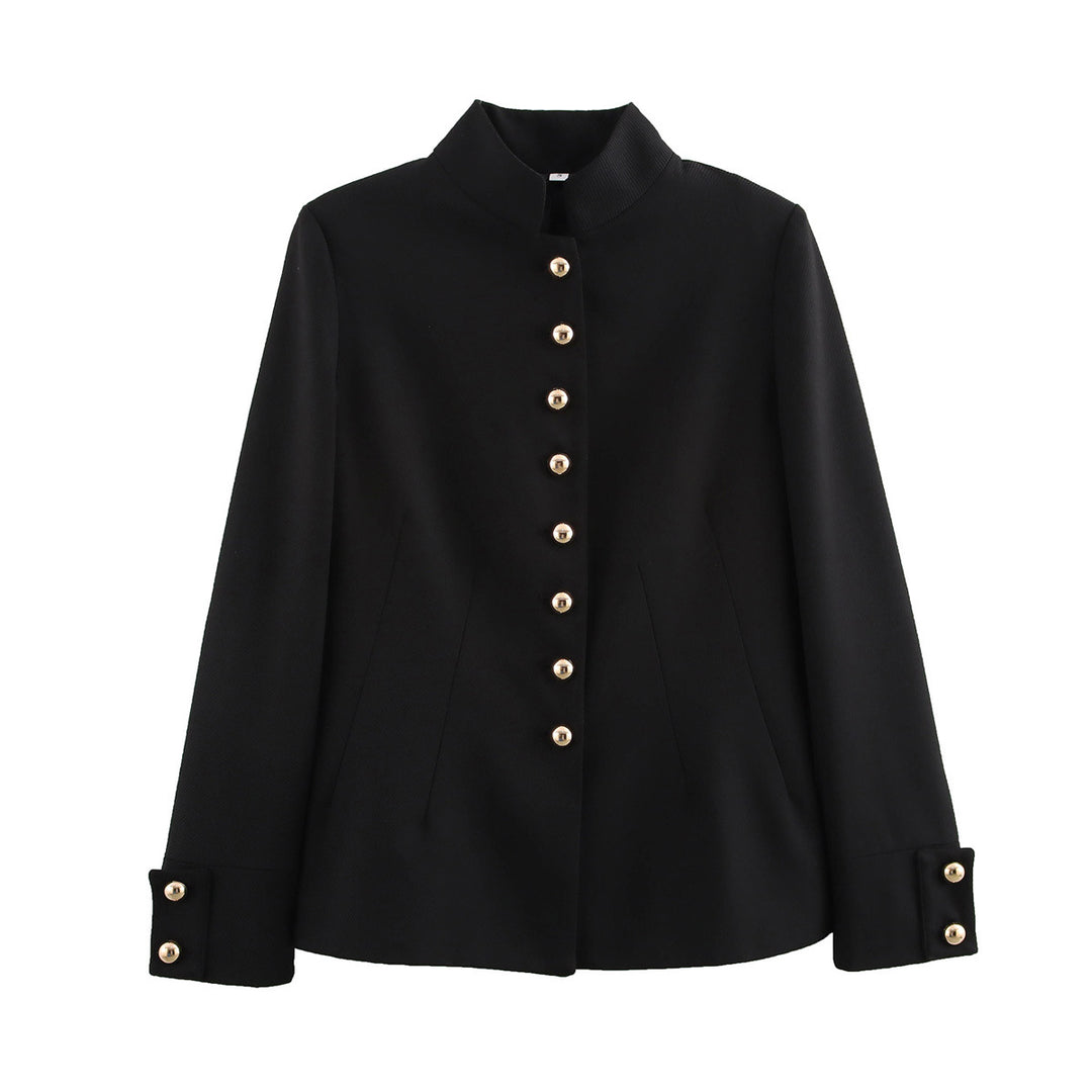 Damen elegante Steppjacke mit hochgeschlossenem Kragen und goldenen Knöpfen R&B