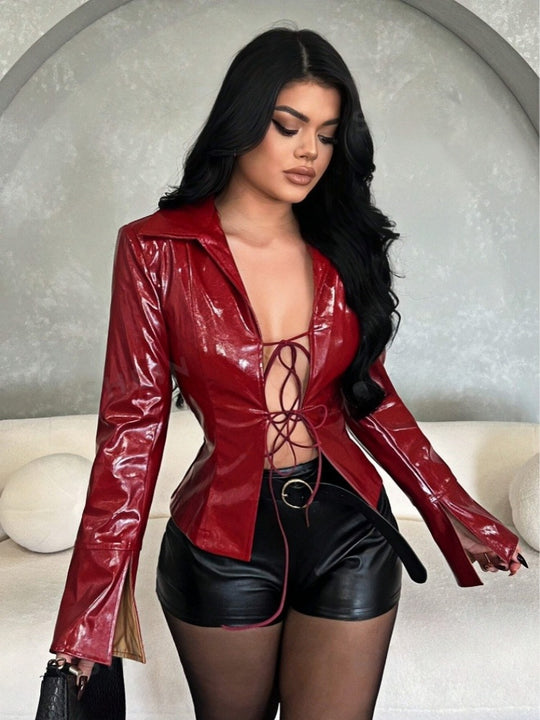 Damen Kunstleder Jacke mit raffiniertem Schnürdesign R&B