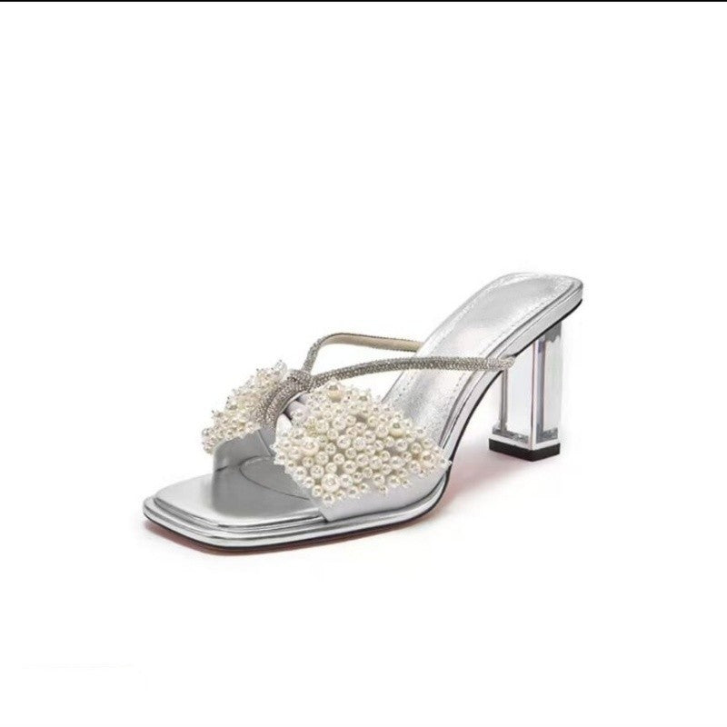 Damen Glamouröse Sandalen mit Perlenapplikation und transparentem Blockabsatz