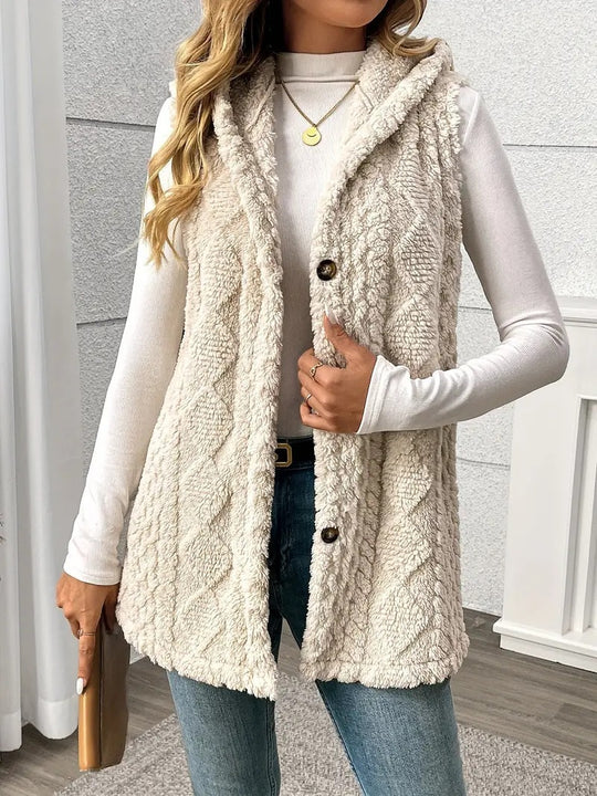 Damen Kuschelige Fleece-Weste mit Kapuze und Knopfverschluss R&B