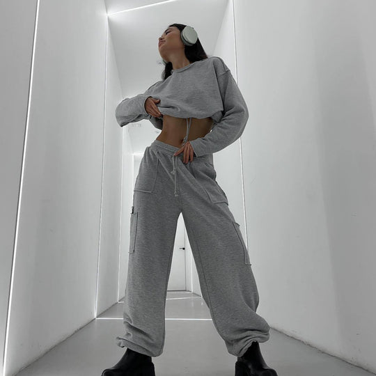 Damen lässiges cropped Sweatshirt mit Kordelzug und weiten Ärmeln R&B