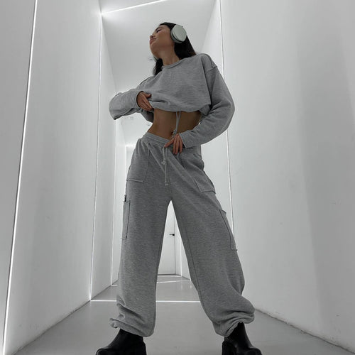 Damen lässiges cropped Sweatshirt mit Kordelzug und weiten Ärmeln R&B