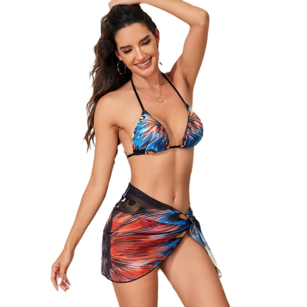 Damen Triangel-Bikini-Set mit aufregendem Schmetterlingsdruck und passendem Pareo R&B