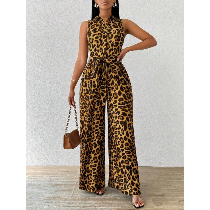Damen Jumpsuit mit Leopardenmuster und Taillengürtel R&B