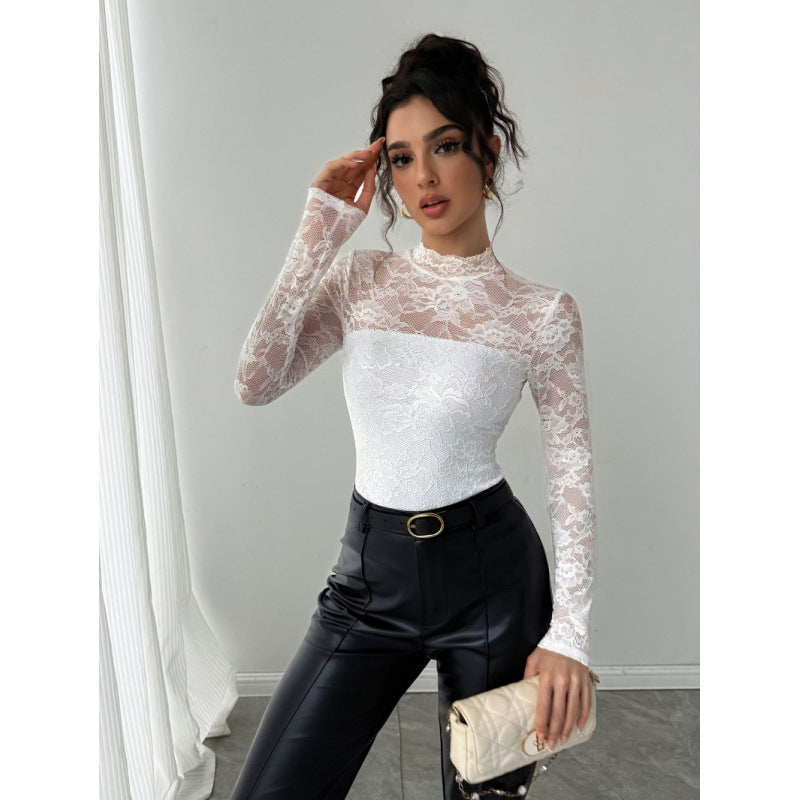 Damen Spitzenbody mit elegantem Stehkragen und langem Arm R&B