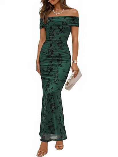 Damen elegantes Off-Shoulder Maxikleid mit floralem Muster und elastischem Einsatz R&B