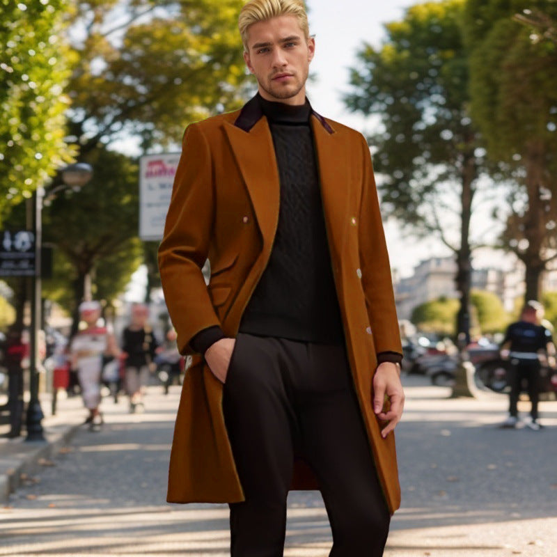 Herren moderner Urban-Mantel mit doppelter Knopfleiste und Samtkragen R&B