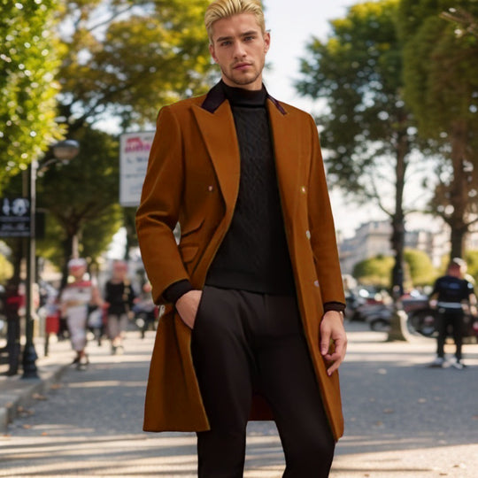 Herren moderner Urban-Mantel mit doppelter Knopfleiste und Samtkragen R&B
