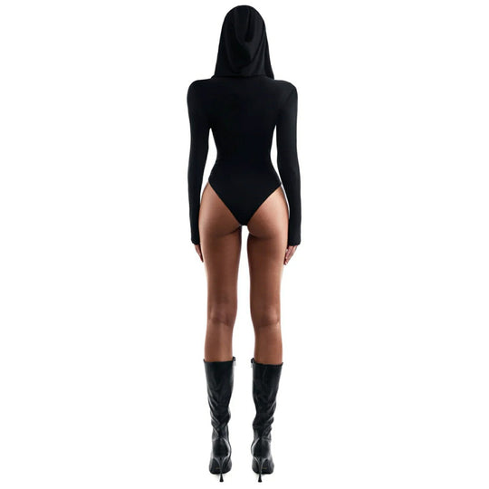 Damen Langarm-Bodysuit mit Kapuze und tiefem V-Ausschnitt R&B