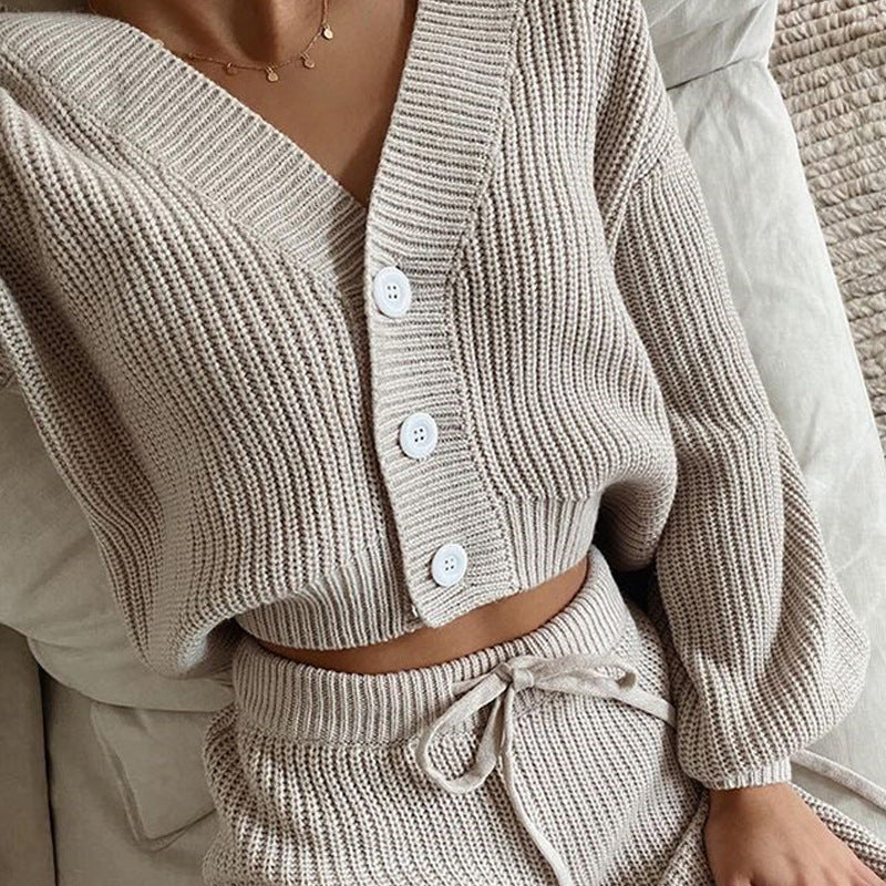 Damen Angesagtes Strick-Loungewear-Set mit modischen Knöpfen und Kordelzug R&B