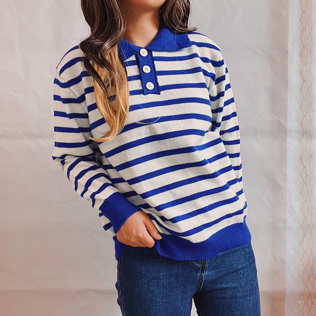 Damen legerer Streifenpullover mit Knopfleiste und weitem Schnitt R&B