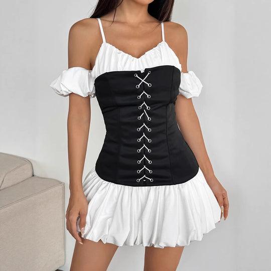 Damen Rüschenkleid mit Schnürung und abnehmbaren Trägern R&B