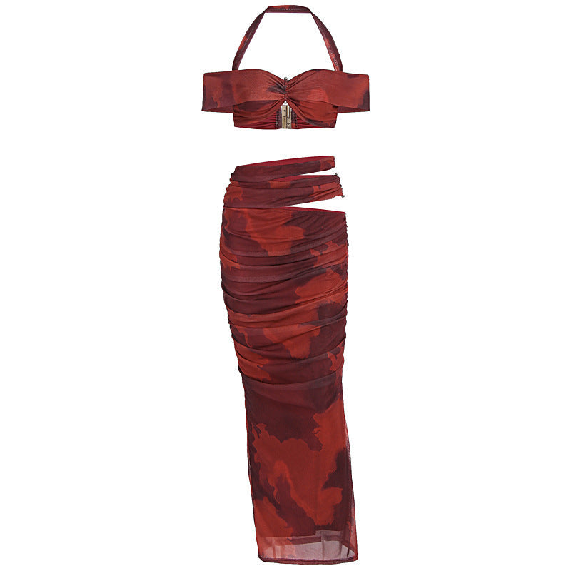 Damen Crop-Top und Maxi-Rock Set mit raffiniertem Rüschen-Design R&B