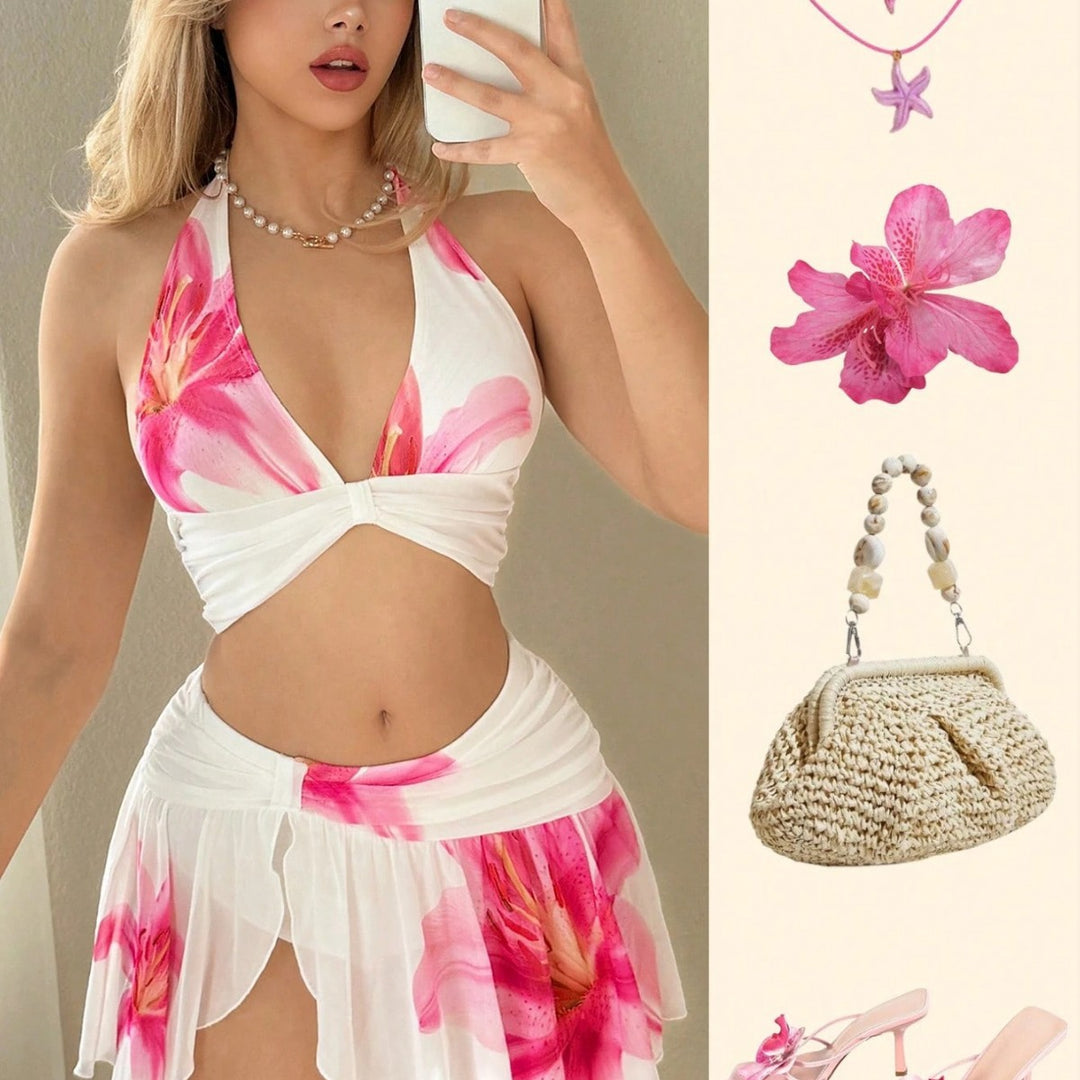 Damen Bikini-Set mit modischem Wickeldesign und floralem Rock R&B