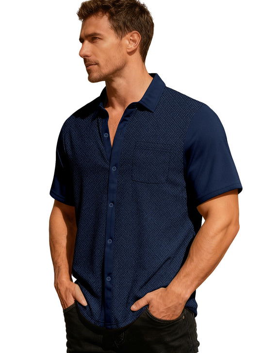 Herren nan legeres Kurzarmhemd mit Jacquardstruktur, kontrastierter Knopfleiste und Brusttasche R&B