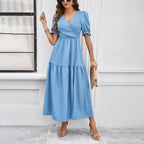 Damen Maxikleid mit hohem Schlitz und Puffärmeln R&B